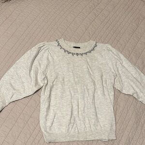 Ann Taylor Light Gray Sweater with Crystal Embellishments